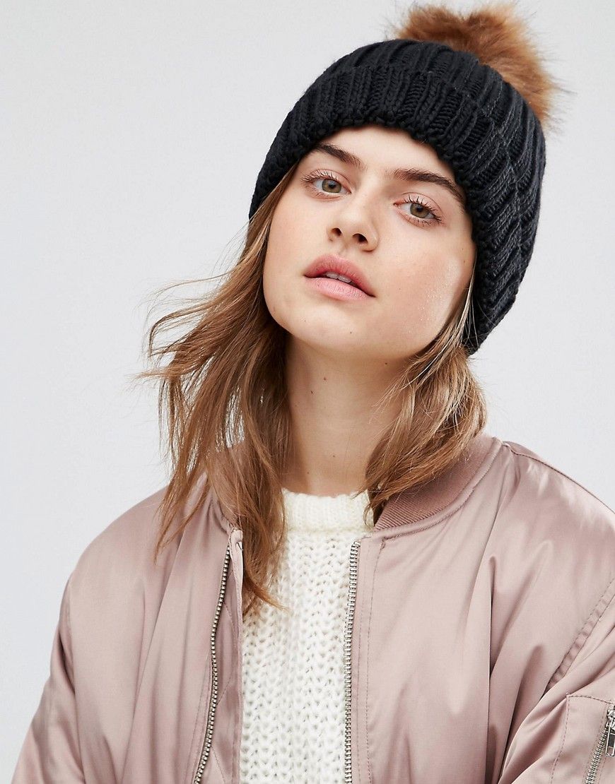 Boardmans Knitted Beanie Hat With Faux Fur Pom Pom - Black | ASOS US