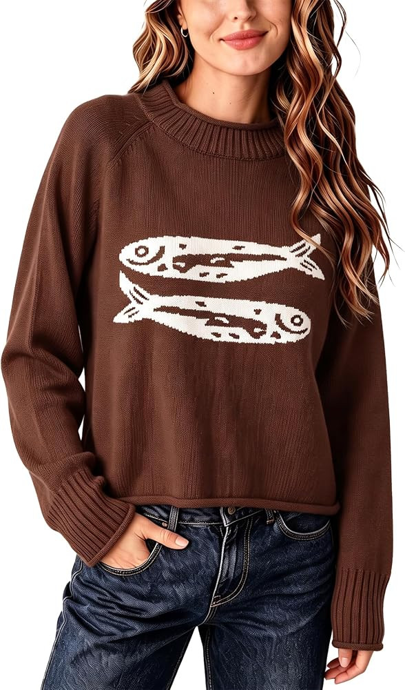 Fish Graphic Sweater Roll Hem Long Sleeve Fall Sweater Y2k Vintage Knitted Pullover Sweaters Warm... | Amazon (US)