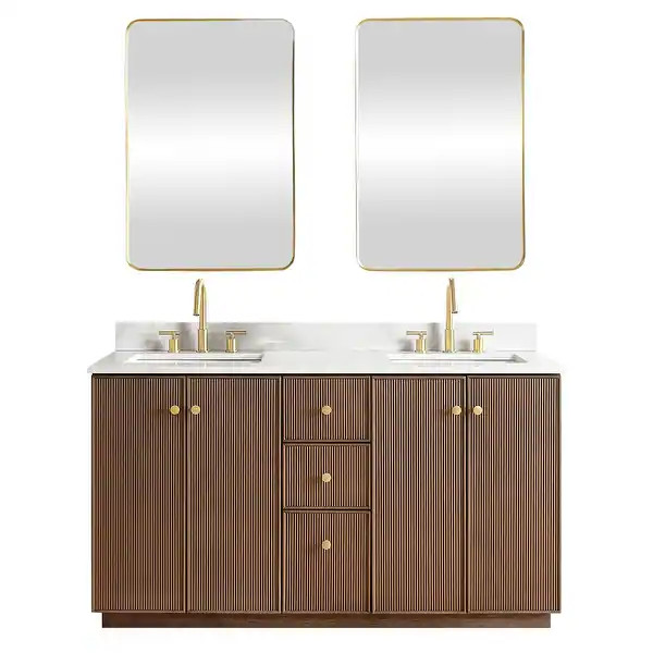 Oza Bath Vanity with Quartz Stone Top and Mirror - 60in. Double Sink - Dark Brown Oak | Bed Bath & Beyond