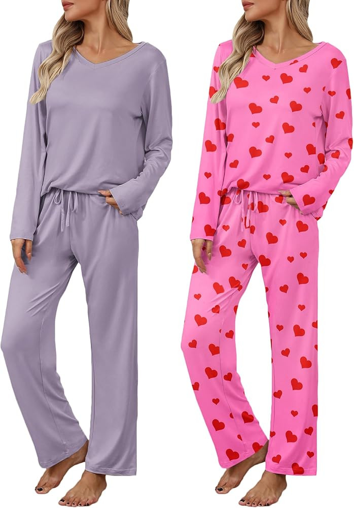 Ekouaer Womens 2 Pack Pajama Set Long Sleeve Pajamas Top and Pants V Neck Pjs Set Soft Loungewear... | Amazon (US)