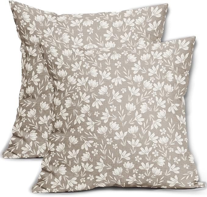 Tan Khaki Floral Pillow Covers 18x18 Set of 2 Vintage Rustic Old Style Cute Small Flower Cream Pr... | Amazon (US)