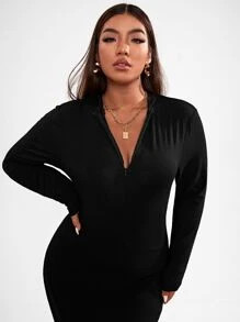 SHEIN BASICS Plus Solid Zipper Maxi Bodycon Dress | SHEIN