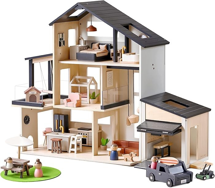 Tiny Land Modern Family Dollhouse & Wooden Dollhouse Garage Toy Set | Amazon (US)