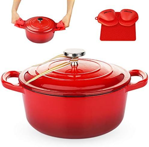 KUTIME Cast Iron Dutch Oven 3 Quart Enameled Dutch Oven, Stock Pot with Lid, Red | Amazon (US)