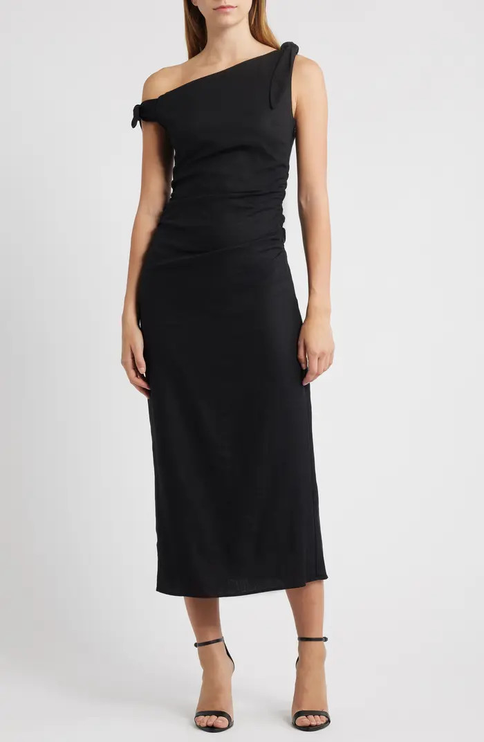 Clio Tie Shoulder Linen Blend Midi Dress | Nordstrom