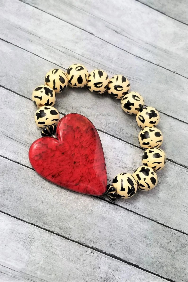 Heart Bracelet, Animal Cheetah Bracelet, Hearts, Red Heart Bracelet, Turquoise Heart Bracelet, Le... | Etsy (US)