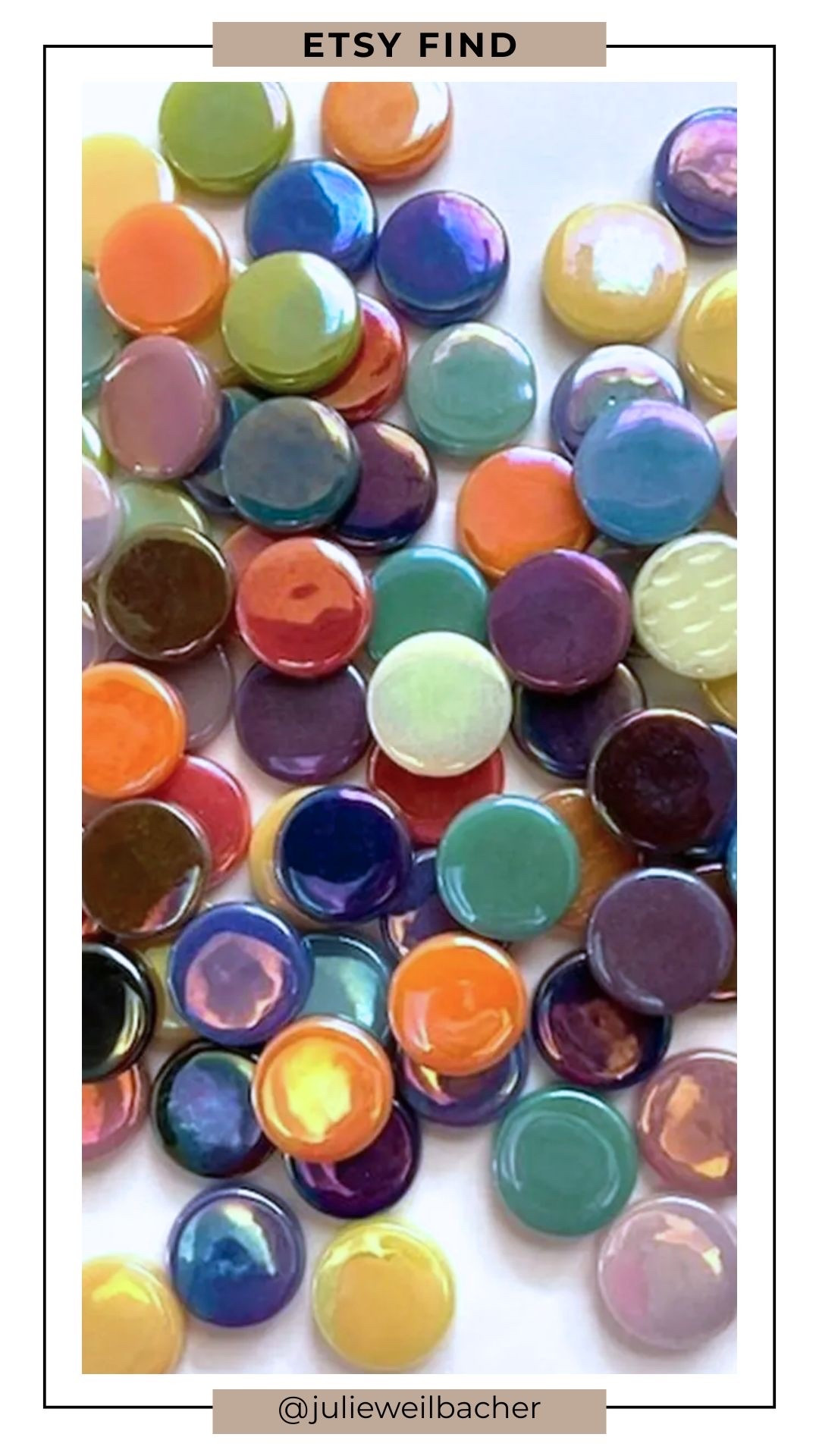 These pearlized glass rounds are one of those supplies I always love having on hand. ✨ Available in a beautiful rainbow of colors, they're incredibly versatile for mosaics, mixed media art, crafts, and home decor projects. Use them as the primary material in a design or scatter a few throughout a larger piece to add color, texture, and visual interest. Perfect for mosaic stepping stones, flower pots, picture frames, tabletops, backsplashes, and more.

For mosaic tips, tutorials, inspiration, and so much more please visit my YouTube channel: YouTube.com/julieweilbacher, and follow @julieweilbacher on Instagram for all things mosaic art.

#mosaic #glassart #mixedmediaart #etsy #mosaicmaterials #craftsupplies #homedecor #diyprojects #summercrafts #rainbow

#LTKHome