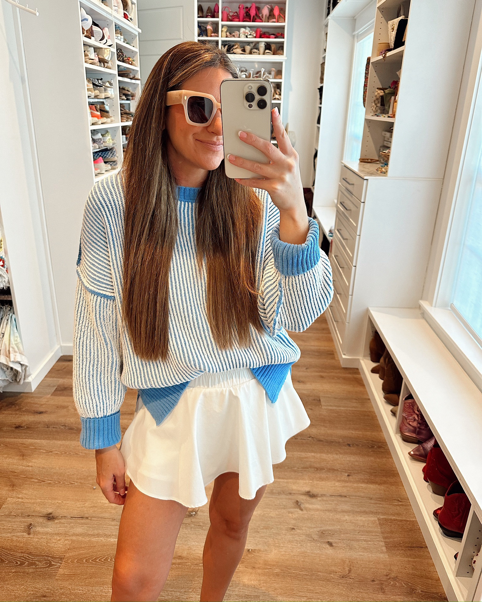 In a small athletic skort, medium ribbed sweatshirt, sunglasses and accessories- all fits tts.

#LTKStyleTip #LTKSeasonal #LTKFindsUnder50