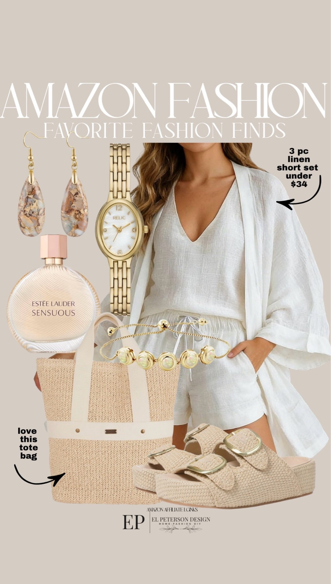 Amazon
3 pc short set
Earrings 
Watch
Perfume
Sandals
Tote bag 
Bracelet