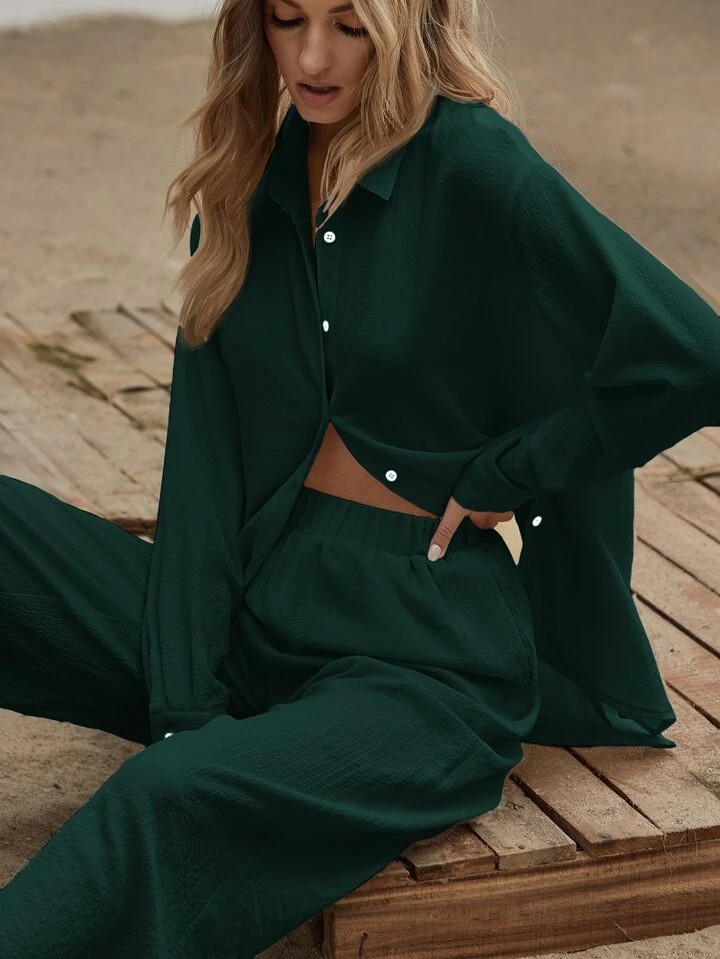 SHEIN Essnce Slit Hem Longline Blouse & Wide Leg Pants Set | SHEIN