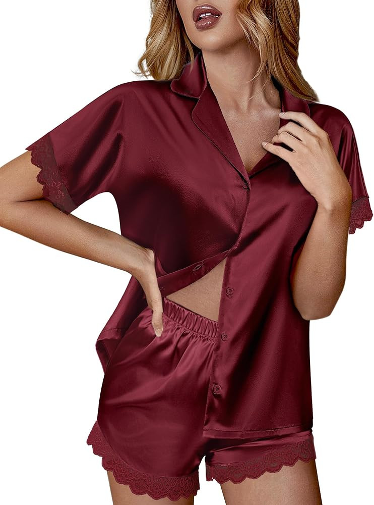 Ekouaer Womens Lace Satin Pajama Set Button Down Pj Shorts Set Bridesmaids Getting Ready Outfits ... | Amazon (US)