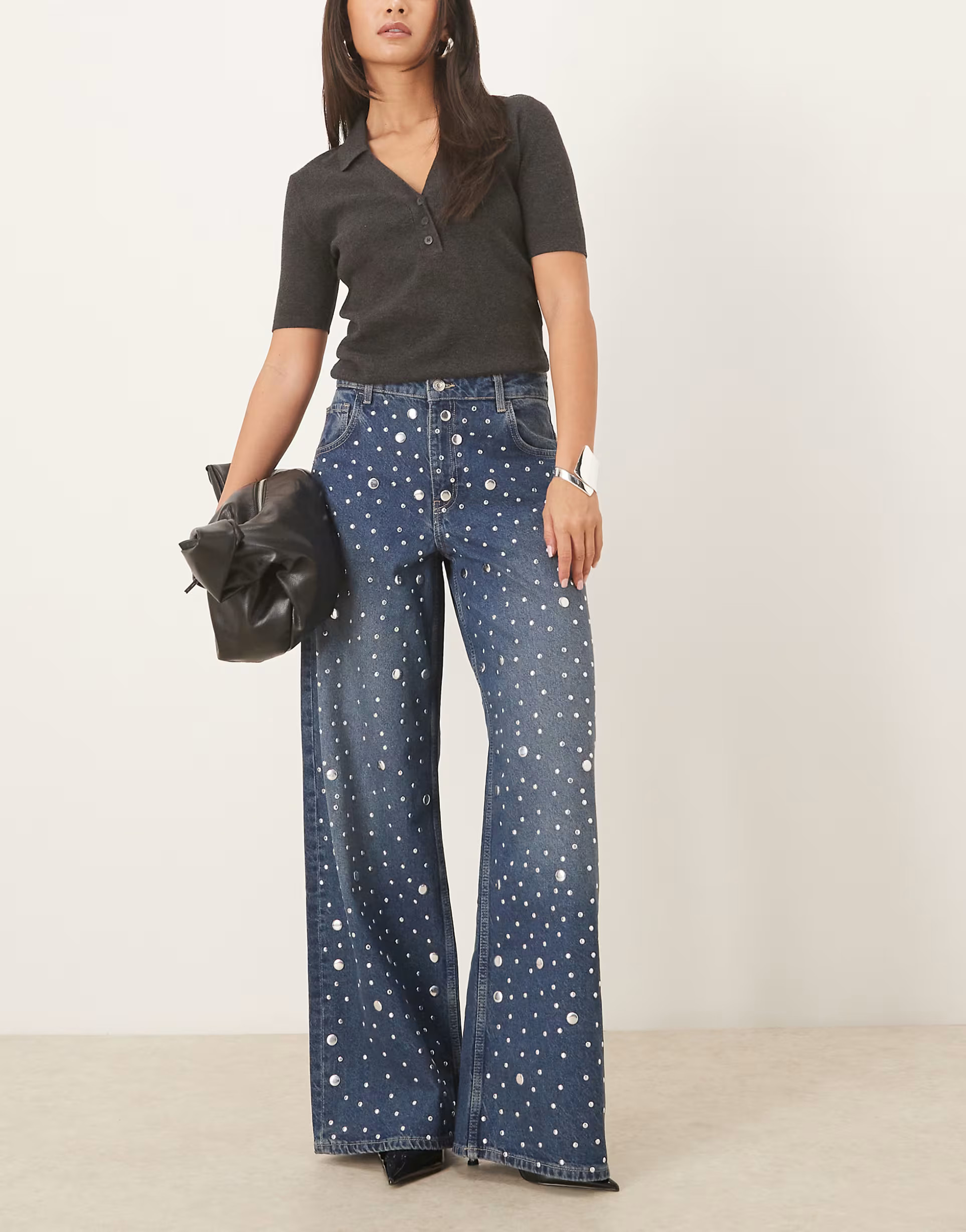 Mango Elina 100% cotton straight leg jean with embellishment in blue | ASOS (Global)