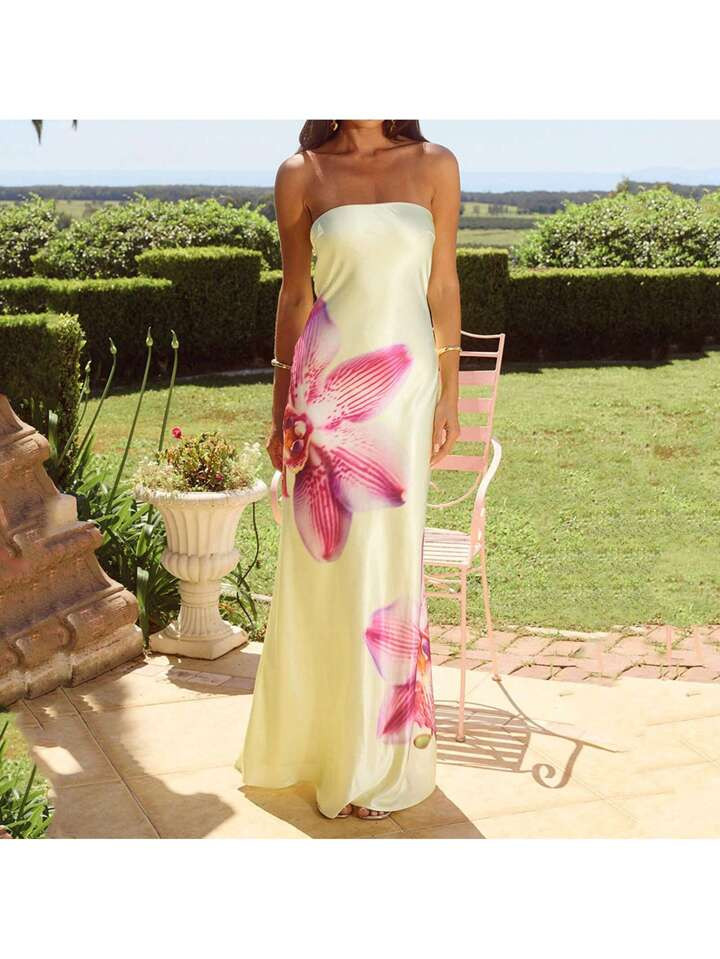 Women Summer Long Bandeau Dress Sleeveless Off Shoulder Flower Print Tube Top Dress | SHEIN