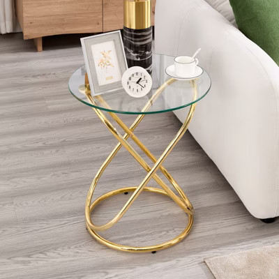 Bekrvio 19.7" Round Glass Gold Side Table with Gold-Plated Metal Ring-Shaped Frame for Living Room, Gold | Target