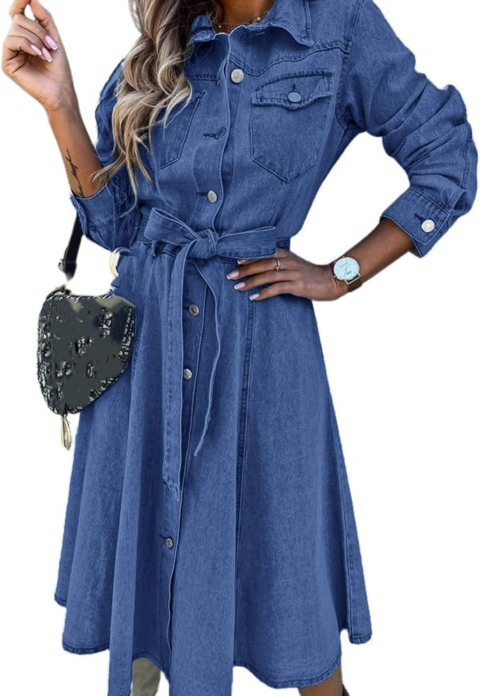 utcoco Denim Dress for Women 2025 Casual Belted Long Sleeve Button Down Midi Jean Dresses with Po... | Amazon (US)
