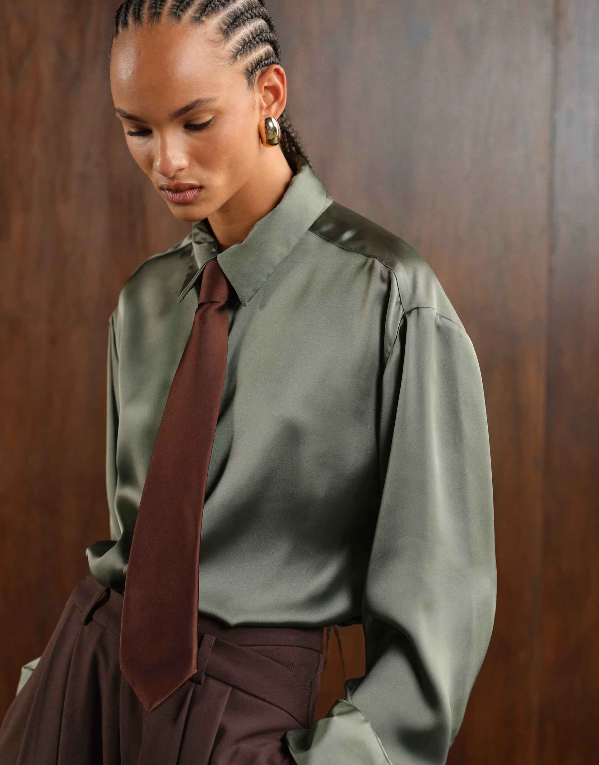 ASOS DESIGN satin cinch oversized shirt with contrast tie in olive | ASOS (Global)