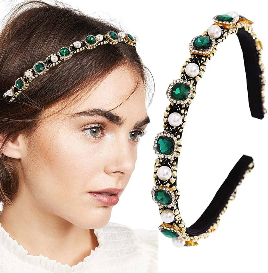 Emerald Headband Pearl Rhinestones Hairbands Green Crystal Hair Hoop Baroque Vintage Thin Head Ba... | Amazon (US)