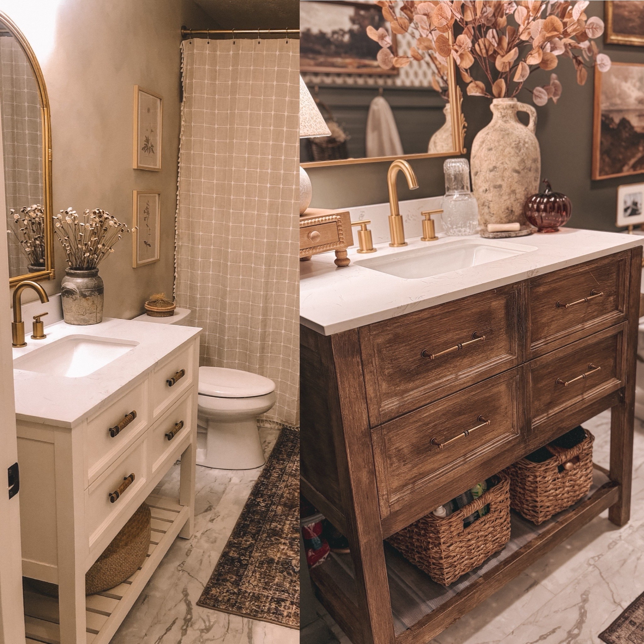 Everything I used to transform my bathroom vanity! 

• Sand and prime the vanity
• Paint the vanity using burnished clay in flat by behr
 • Paint the stain on, use a lint free rag to wipe access off, then use the corn husk broom head to make strokes that mimic the grain of wood
• Seal it

#LTKHome #LTKFindsUnder50 #LTKStyleTip