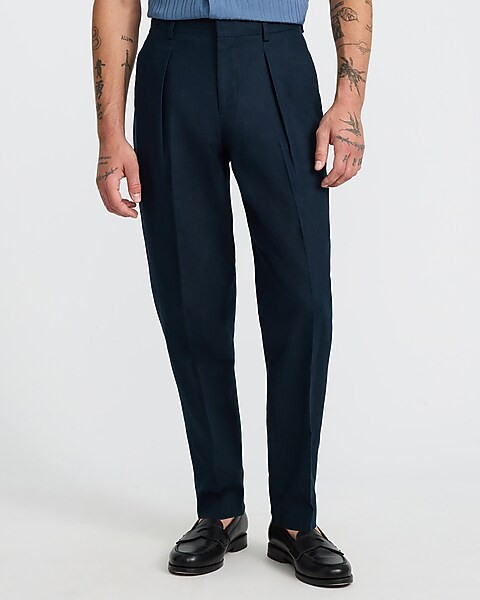 Dark Blue Linen Cotton Pleated Tapered Dress Pant | Express
