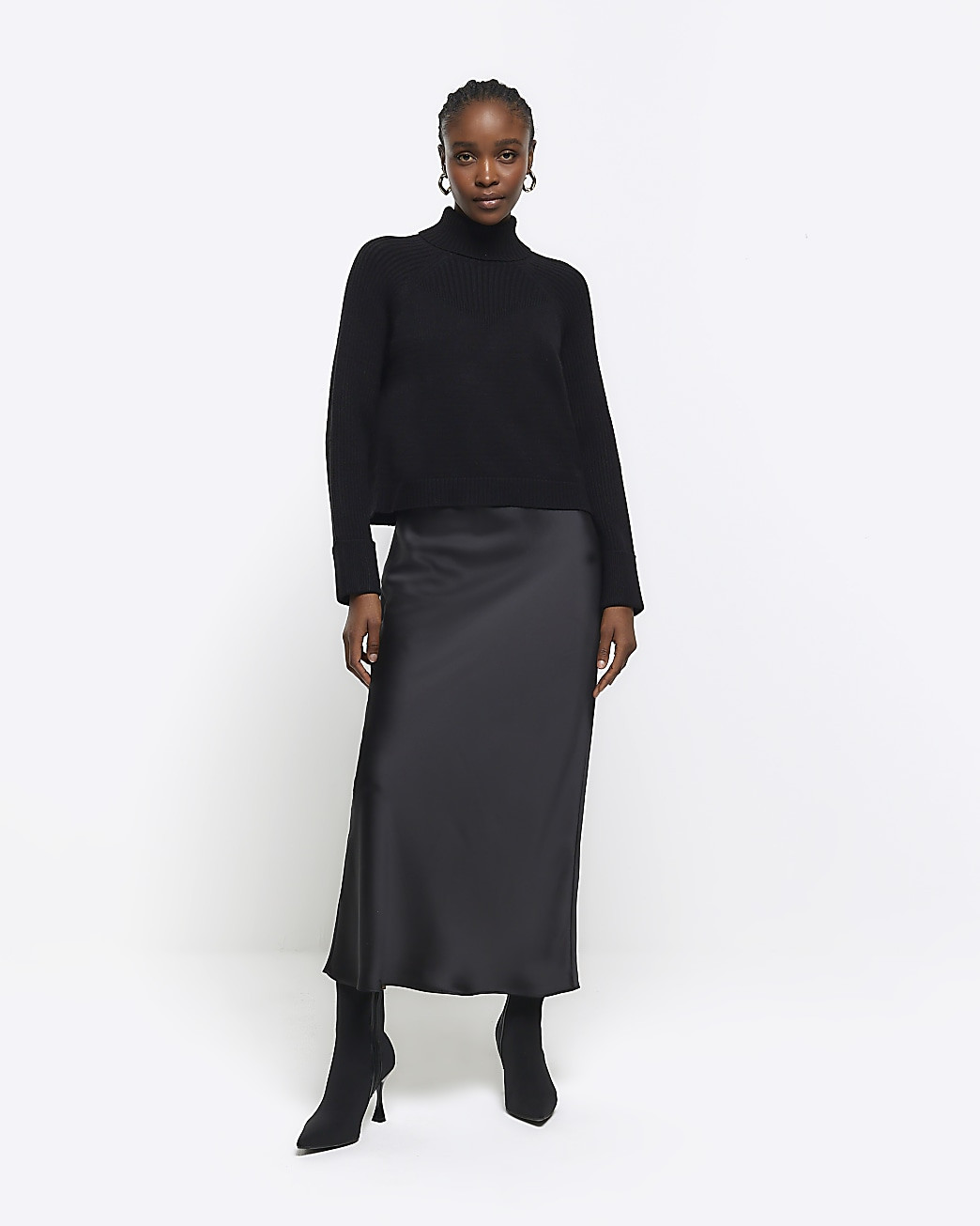 Black satin high neck hybrid maxi dress | River Island (UK & IE)