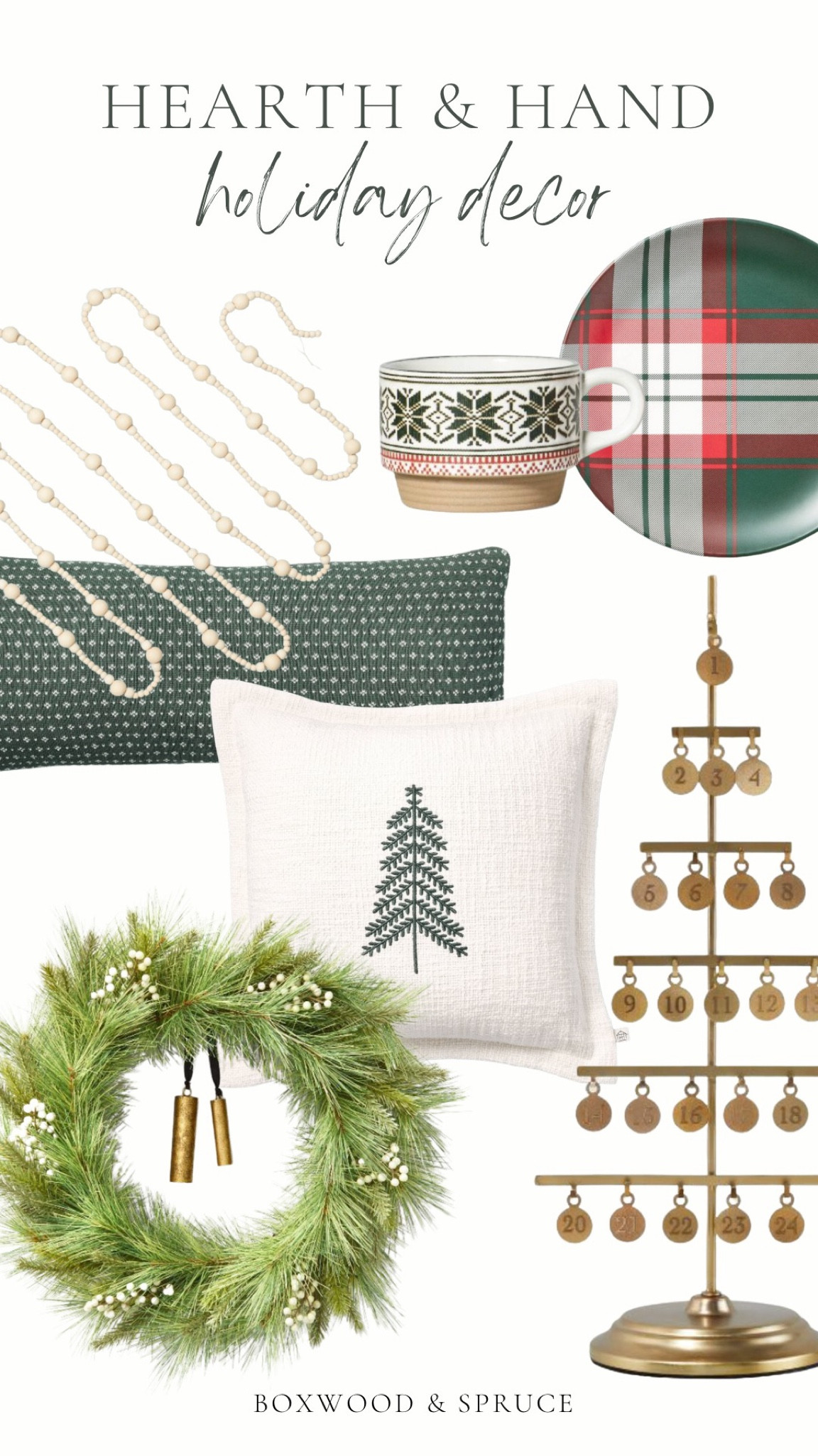 Magnolia Hearth & Hand Holiday decor, target, plaid melamine plate, Christmas mug, fair isle, brass advent calendar, Christmas tree pillow, wreath with brass bells, Christmas pillow, green pillow, green jacquard knit lumbar pillow, knot pillow, wood bead garland

#LTKHoliday #LTKunder50 #LTKSeasonal