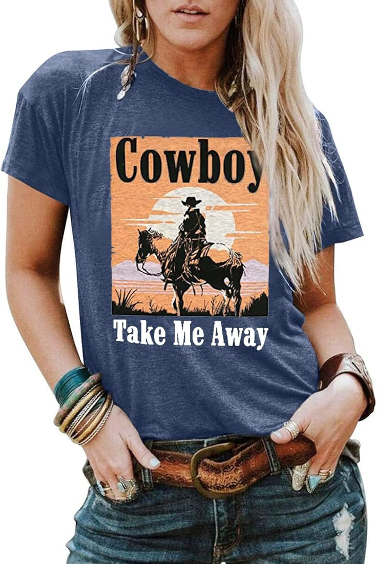 Cowboy Take Me Away Graphic Oversize Tshirt Women Western Vintage Tees Short Sleeve Rodeo Tops Co... | Amazon (US)