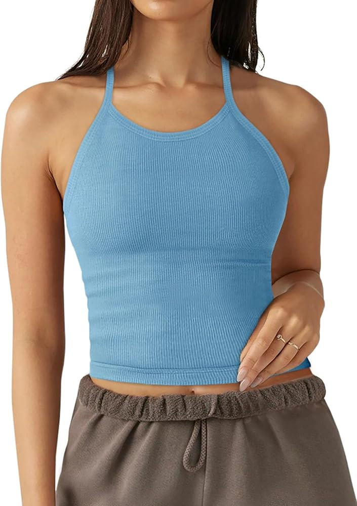 LASLULU Womens Sports Bra Seamless Long Crop Tank Racer Back Spaghetti Strap Workout Yoga Padded ... | Amazon (US)
