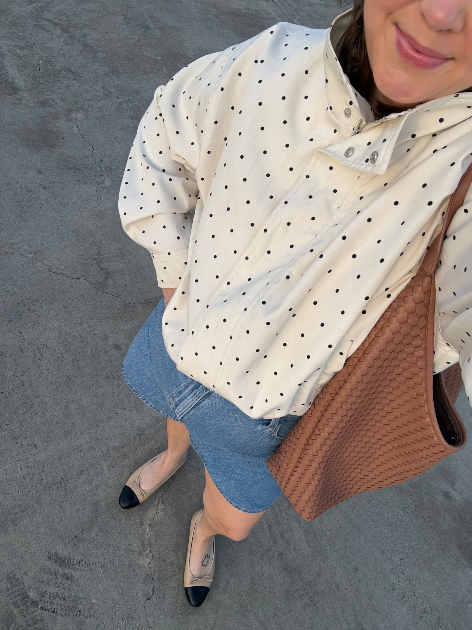Spring outfit idea polka dot jacket wearing size large size 16 in shorts. Chanel flats but linked similar 

#LTKspringtrends #LTKspring #LTKPlusSize