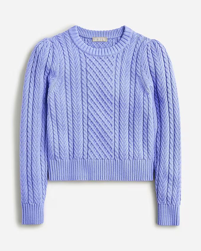 Cable-knit puff-sleeve crewneck sweater | J.Crew US