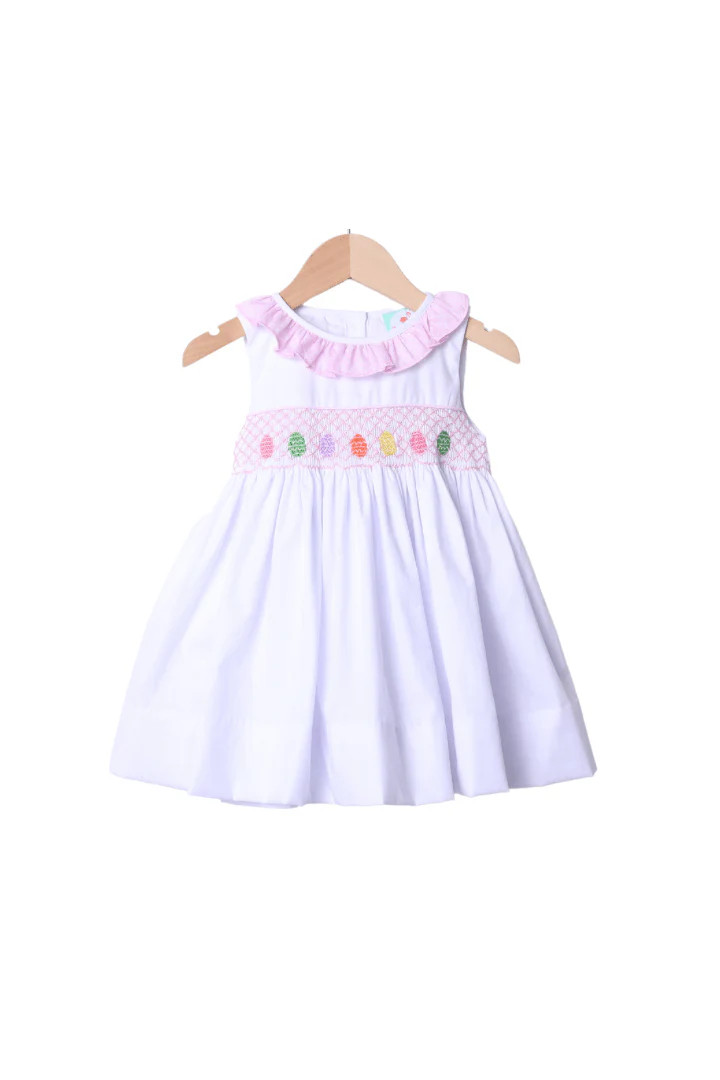 Smocked Heirloom White and Pink Easter Egg Dress | The Smocked Flamingo
