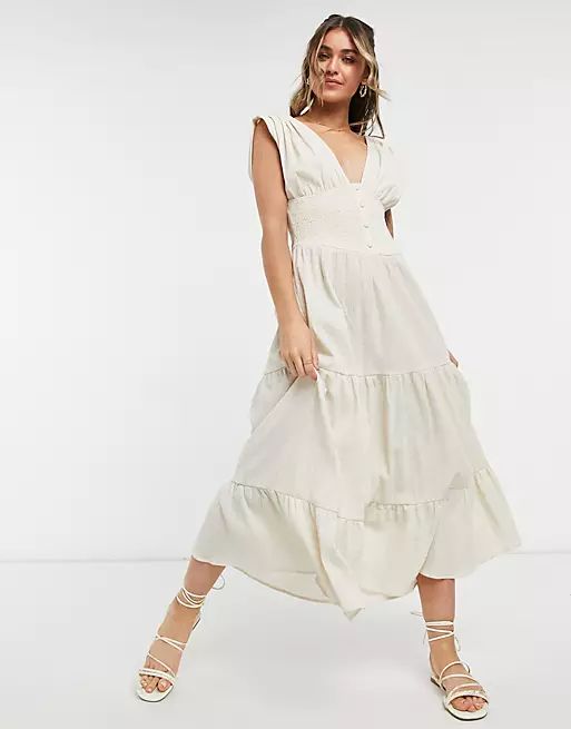 ASOS DESIGN shirred waist button front tiered midi sundress in crinkle in oatmeal | ASOS (Global)