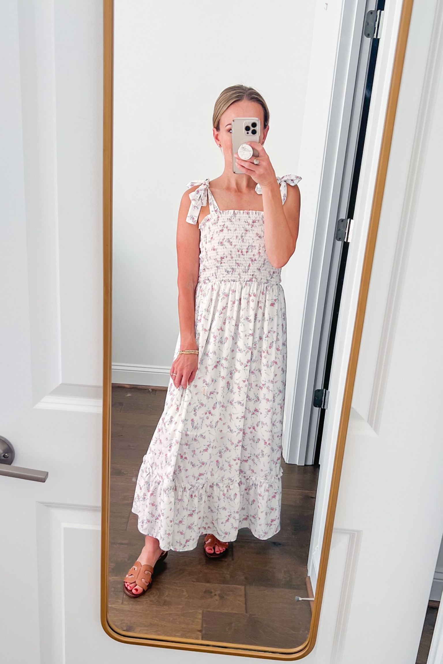 Amazon maxi dress, Amazon smocked dress, smocked maxi dress, affordable maxi dress, floral maxi, tie strap maxi dress. This Amazon maxi dress is one of my favorite purchases from the summer, and I’m going to wear it all the way into the dead of fall😂. My shoes are the San Edelman leather slides, and they are a great option if you’re looking for a slide similar to the Hermès Oran slide!

#LTKSeasonal #LTKstyletip #LTKunder50