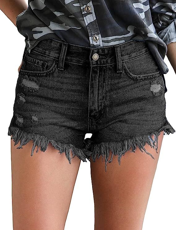 luvamia Women's Casual Denim Shorts Frayed Raw Hem Ripped Jeans Shorts | Amazon (US)