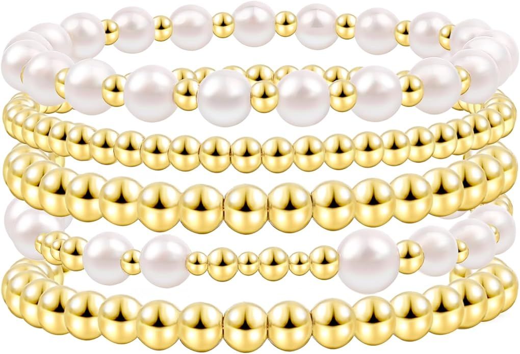 Gold Beaded Bracelets For Women White Black Beads Bracelets Gold Filled Bead Ball Stretch Elastic... | Amazon (US)