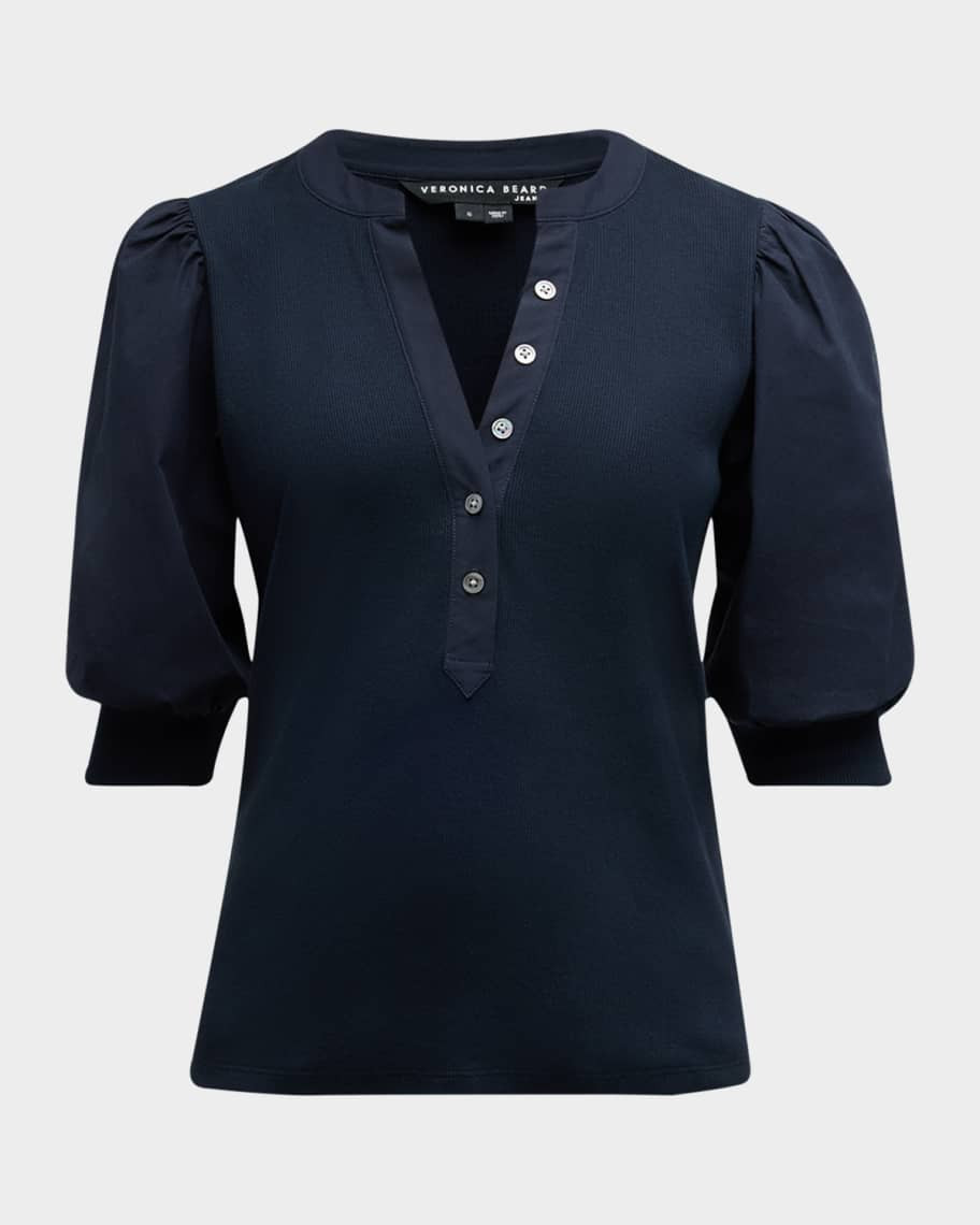 Veronica Beard Coralee Puff Sleeve Button-Front Top | Neiman Marcus