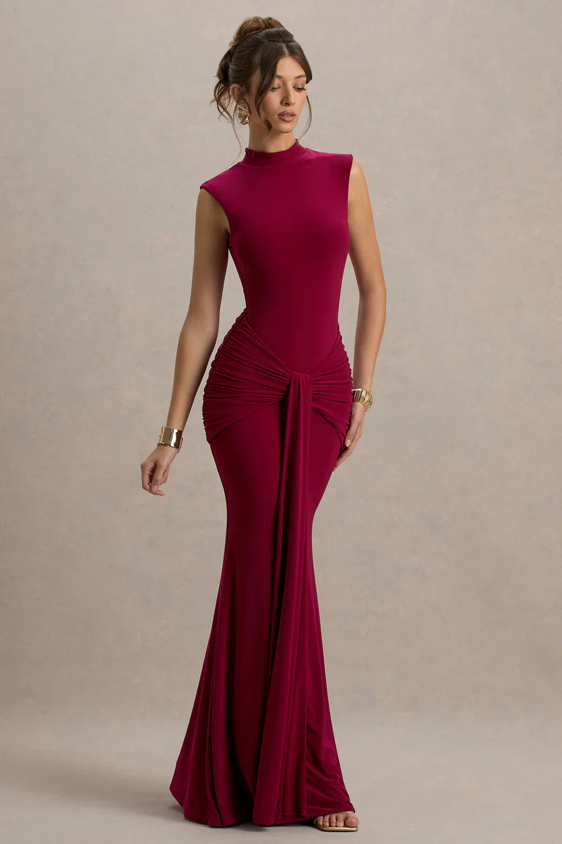 Graziana | Dark Cherry High-Neck Gathered Draped Maxi Dress | Club L London