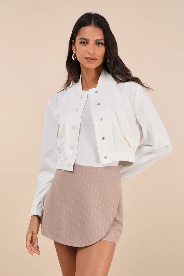 Cultivated Coolness White Twill Cropped Bomber Jacket | Lulus