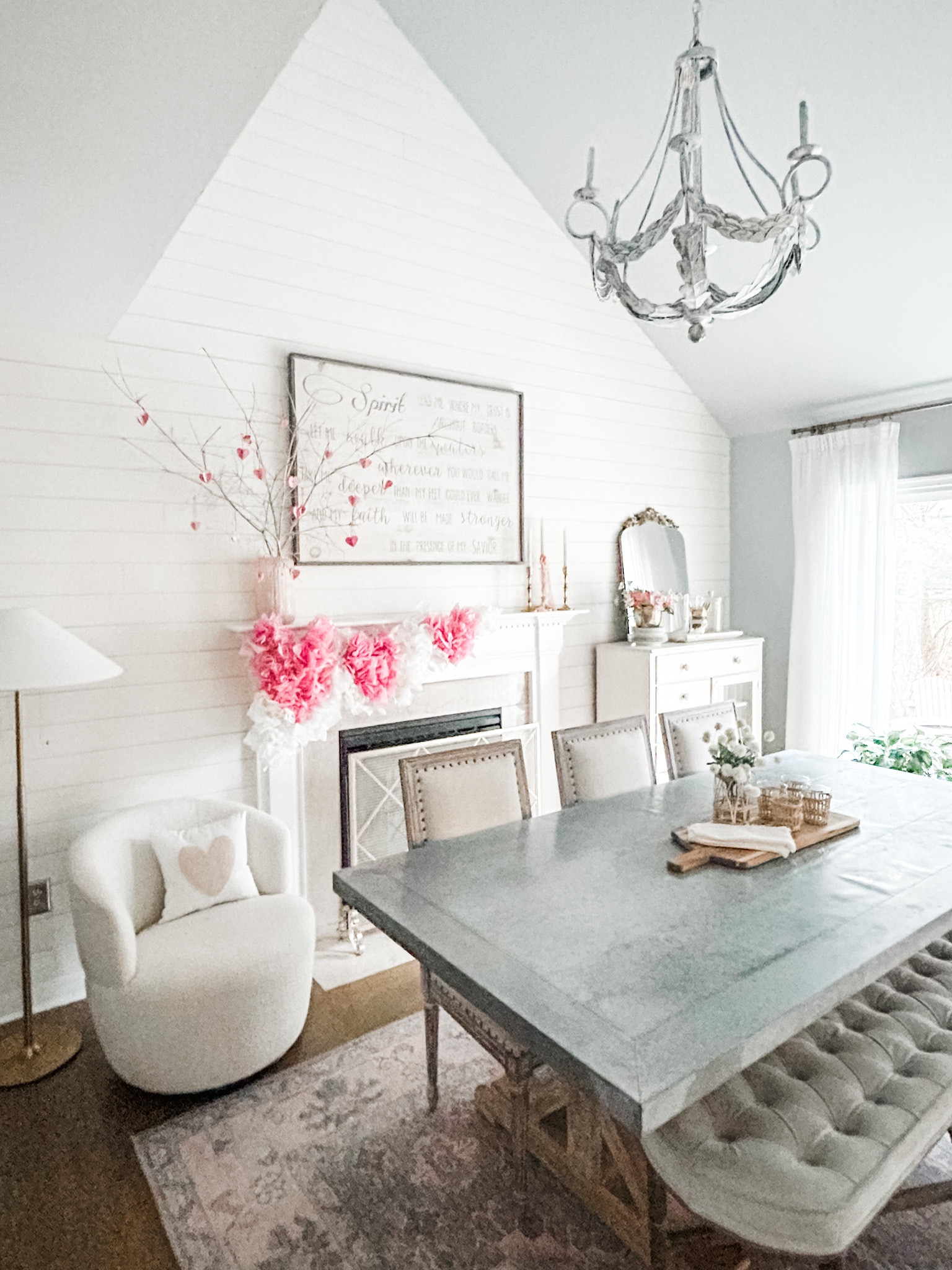 Valentines Day Mantel Decor, Valentines Day decor, Home Decor, Dining Room Decor, Bouclé Upholstered Swivel Chair, Barrel Swivel Chair, Brass Fire Screen, Fireplace Decor, Fireplace Screen, Brass Floor Lamp, Target Studio McGee, ornate gold mirror, beveled mirror, farmhouse chandelier, Brass Candle Holders, Flameless Candles, zinc top dining table, upholstered bench, pinch pleat curtains, curtain rod, curtain ring, faux linen drapes. Amazon. Wayfair. Target. 

See the full details of this DIY Valentine’s Day Mantel on heatherkrout.com