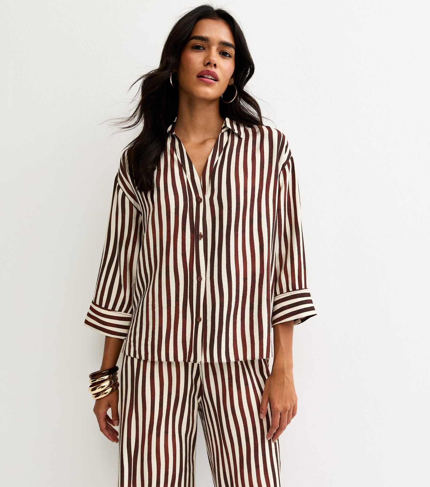 Dark Brown Striped 3/4 Sleeve Shirt | New Look | New Look (UK)