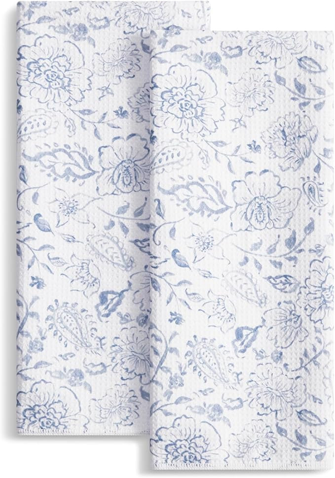 Set of 2 Waffle Weave Kitchen Towels, 380 GSM Absorbent Quick-Dry Microfiber Dish Towels, Blue Wh... | Amazon (US)