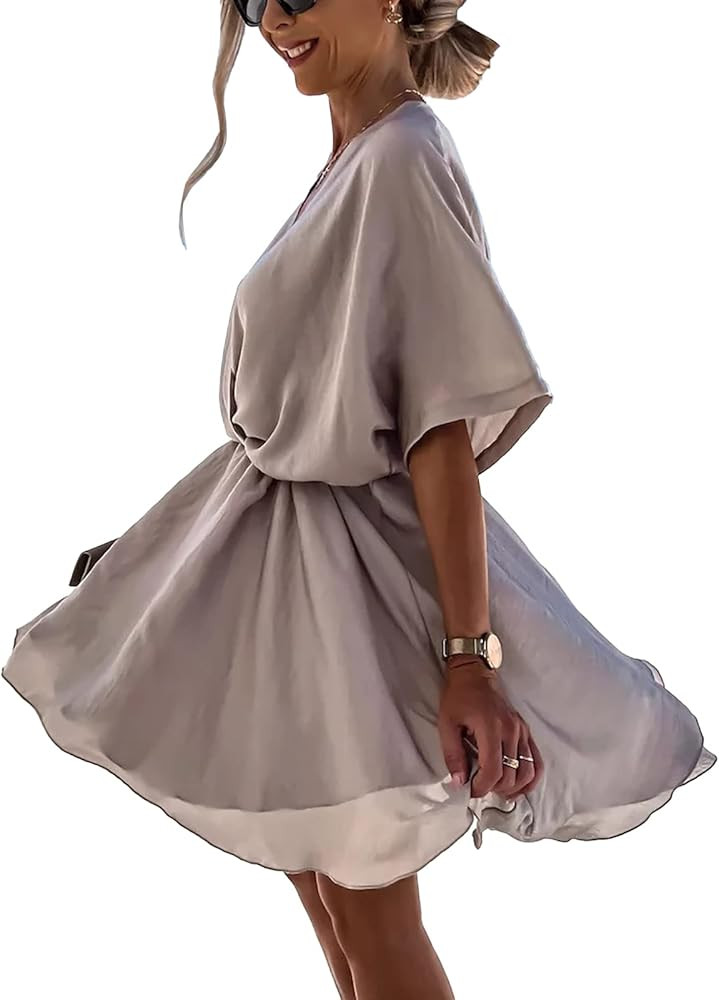 Yanfoam Women's Satin Sexy V Neck Short Dress Batwing Sleeve Boho Ruffle Dress Casual Loose Wrap ... | Amazon (US)