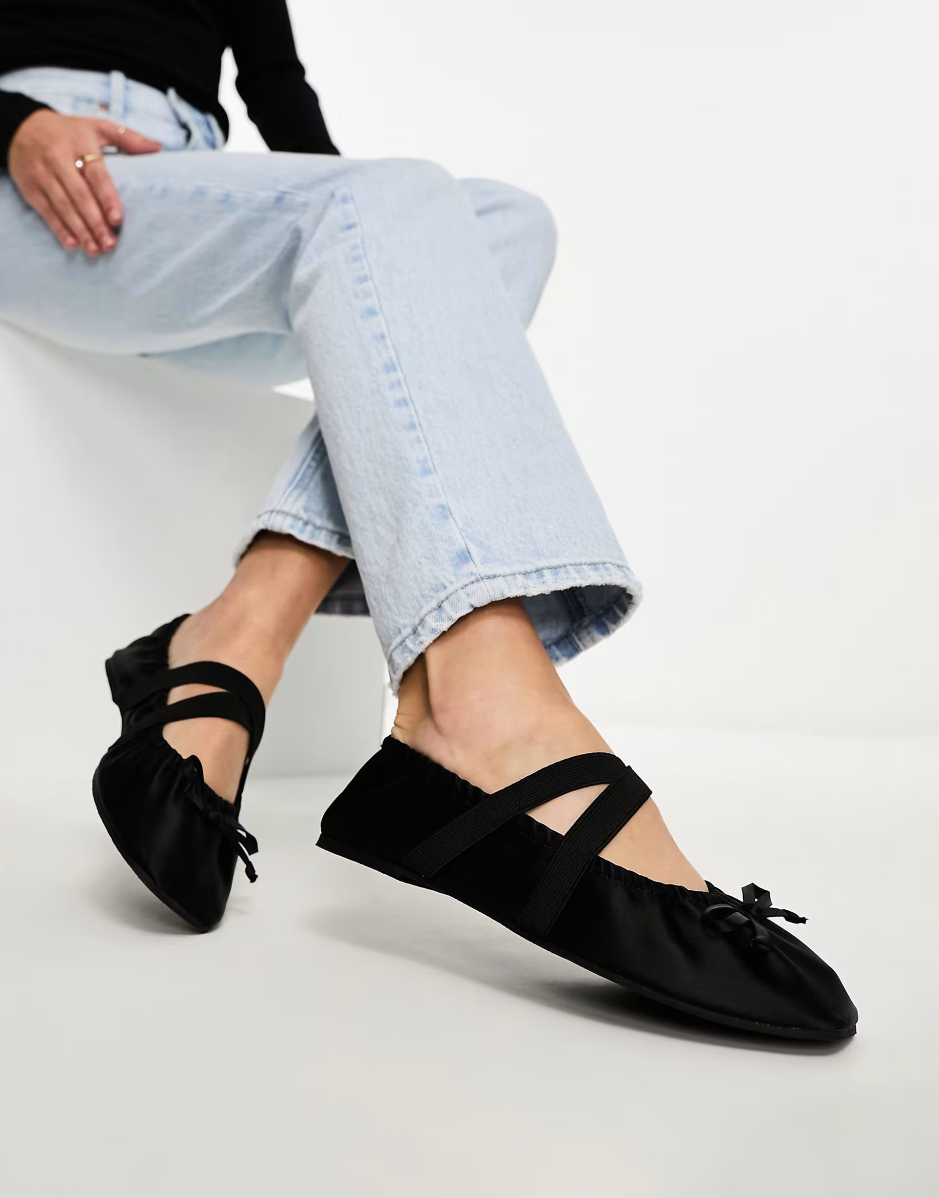 ASOS DESIGN Los Angeles ruched ballet flats with elastic strap in black | ASOS (Global)