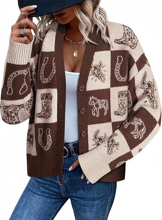 Women's Western Cowgirl Graphic Horse Cardigan Vintage Print Sweater | Amazon (US)