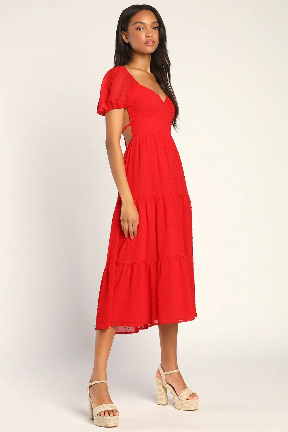 Tier for the Sunshine Red Tiered Backless Clip Dot Midi Dress | Lulus (US)