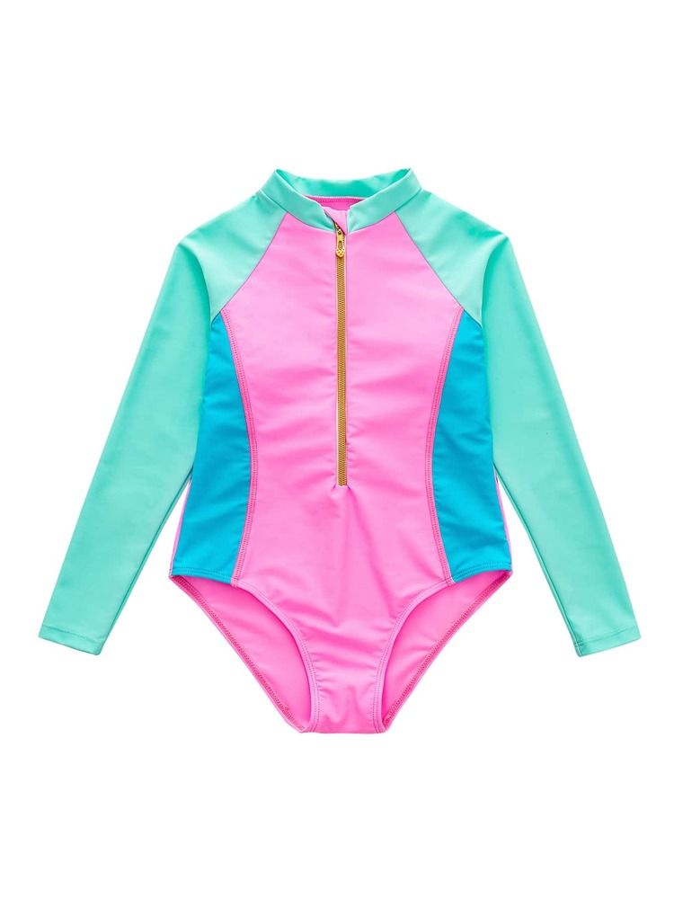 Bikinx Girls 1 PC Zip Half Placket Colorblock One-Piece Swimsuit | SHEIN