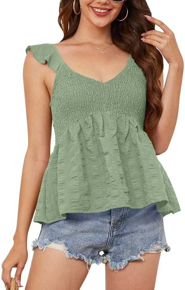 Clarisbelle Summer Women's Frill Smocked Ruffle Strap Tank Tops | Amazon (US)