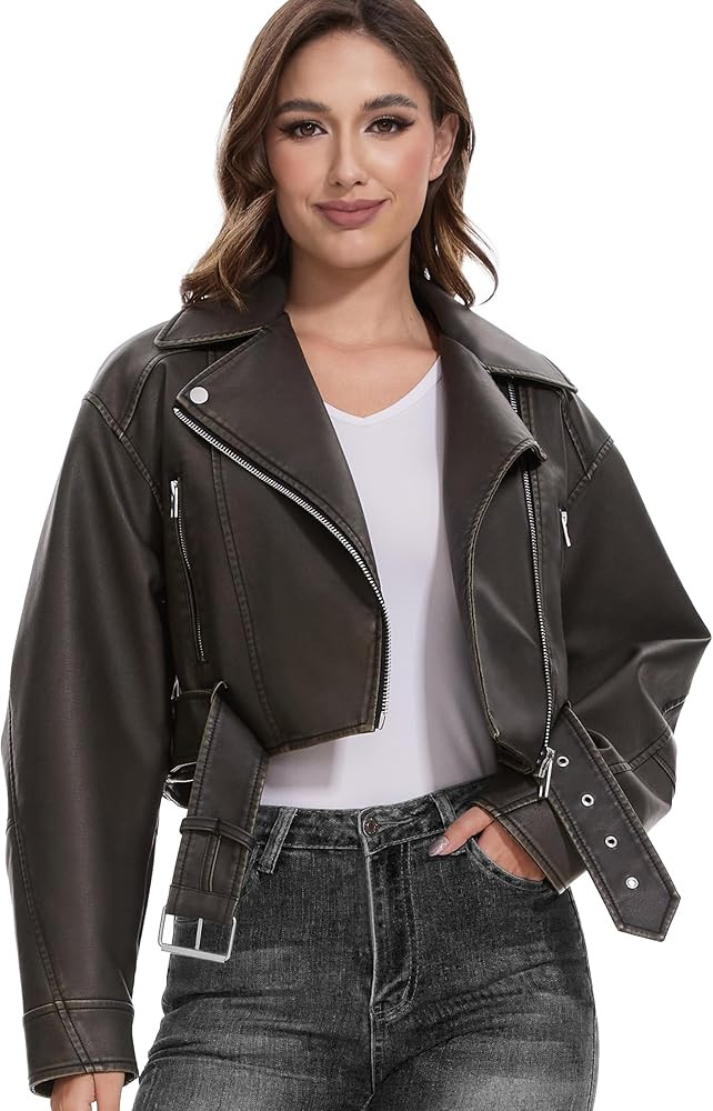 Fahsyee Faux Leather Jackets for Women, Black Motorcycle Moto Biker PU Outwear Coat | Amazon (US)