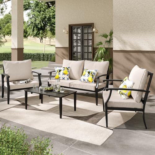 JOYURE 4 Pieces Patio Furniture Set w/loveseat,Coffe Table,Outdoor Conversation Metal Sofa with H... | Amazon (US)