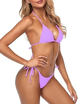 Tainehs Women's Sexy Halter Thong Bikini Tie Two Sides Bottom Triangle Bikini Swimsuits | Amazon (US)