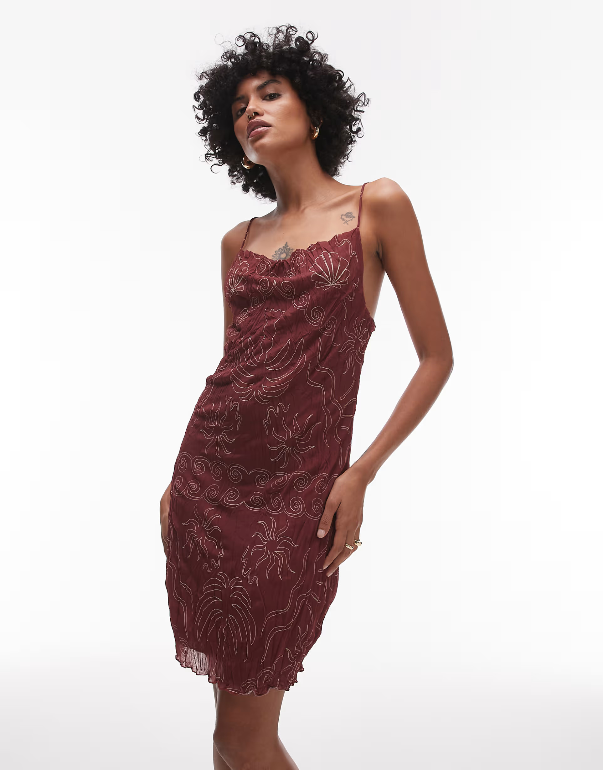 Topshop crinkle cowl neck sea print mini dress in burgundy | ASOS (Global)